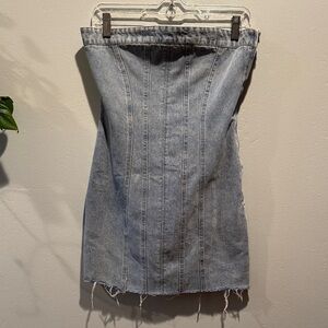 Strapless Denim Blue Jean Women's Mini Dress Side Zip Frayed Bottom Stitched